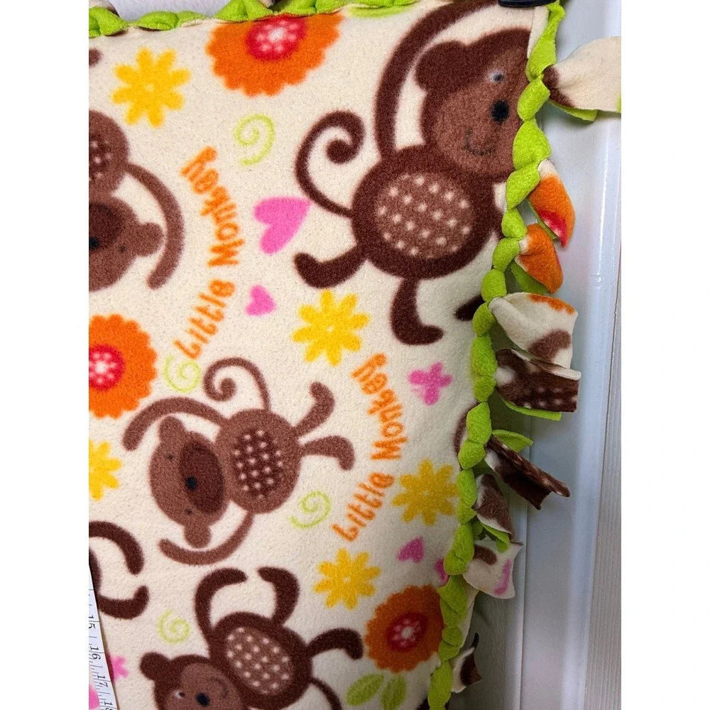 Little Monkey Baby Fleece Fringed Blanket Bright Flowers Hearts 52x58 Throw